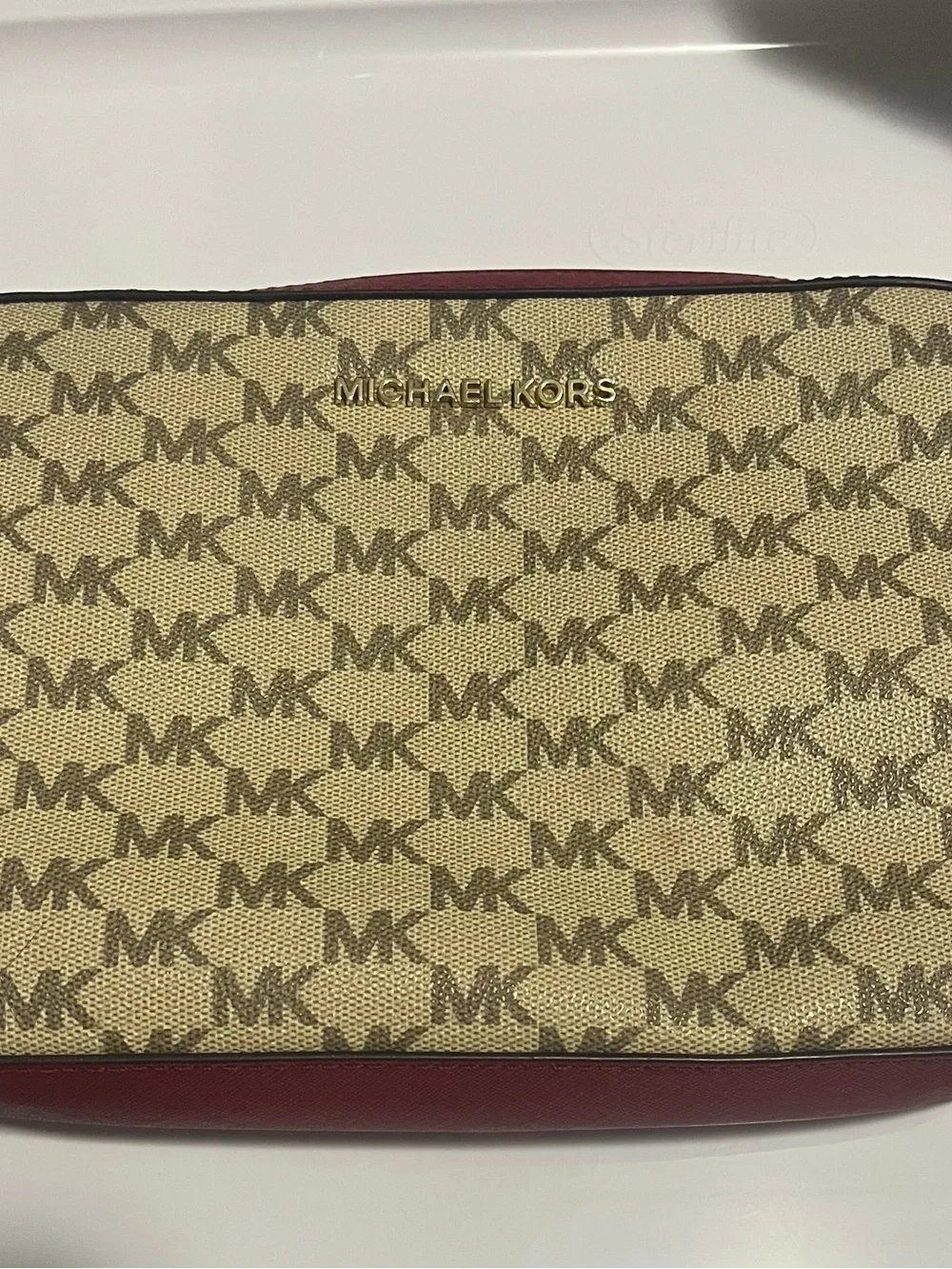 Michael Kors  Beige Monogram Crossbody with Burgundy Trim
